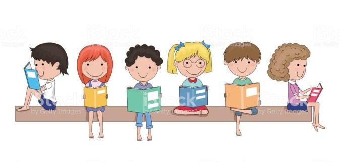 Happy school children reading books in their hands cartoon - education concept