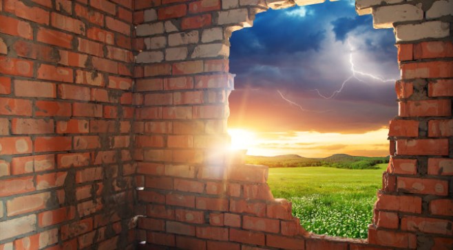 Broken bricks wal and landscape